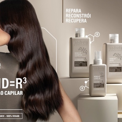 Produtos de reparação capilar andreia professional com mulher de cabelo longo castanho
