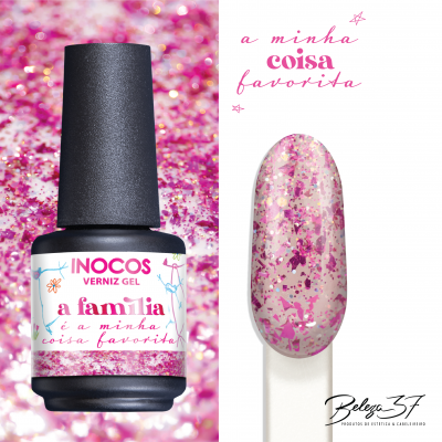 Verniz gel INOCOS com glitter rosa e rótulo colorido, mostra amostra da cor e texto promocional