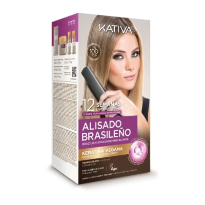 Embalagem do produto para alisado capilar Kativa Alisado Brasileño com imagem de mulher loira
