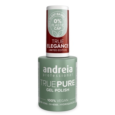 Verniz gel verde com tampa branca e rótulo vermelho com texto ecológico e marca Andreia professional