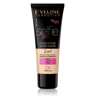Frasco preto e bege de base e corretor Eveline Cosmetics Selfie Time 2 em 1
