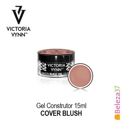 Gel construtor Victoria Vynn COVER BLUSH 15ml, recipiente preto com decoração xadrez e tampa preta, amostra da cor rosa blush