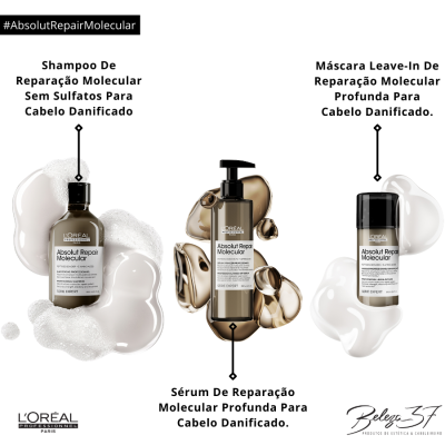Produtos Absolut Repair Molecular L'Oréal para cabelo danificado em frascos marrom, dourado e branco com fundo branco.