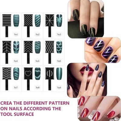 Estênceis para unhas com padrões geométricos e unhas pintadas com diferentes cores metálicas