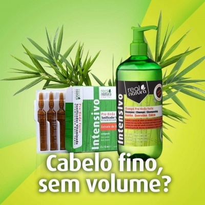Produtos Real Natura para cabelo fino, frasco verde e caixa com ampolas