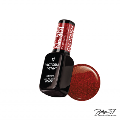 Frasco de esmalte de gel vermelho Victoria Vynn com círculo da cor do esmalte ao lado