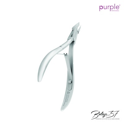 Alicate metálico para unhas prateado com texto Purple Professional e fundo branco