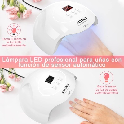 Lâmpada LED branca para unhas com visor digital e botão, usada em mãos femininas