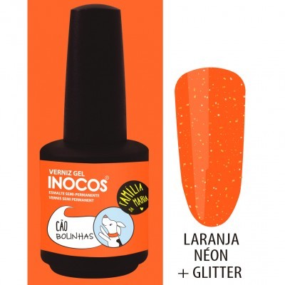 Frasco de verniz gel laranja néon com glitter da Inocos com rótulo ilustrativo
