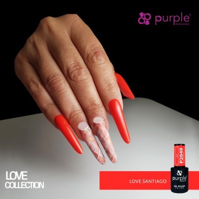 Unhas compridas vermelhas e decoradas com gel polish Purple Professional Love Santiago.