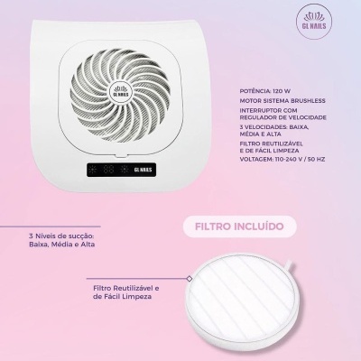 Aspirador de pó branco para unhas com logotipo GL NAILS e filtro reutilizável