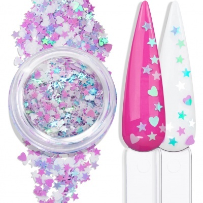 Pote de glitter holográfico e unhas postiças decoradas com glitter em tons lilás, rosa e azul