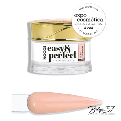 Gel para unhas Easy & Perfect da Inocos em embalagem transparente com tampa dourada, amostra nude e selo de prémio expo cosmética 2022