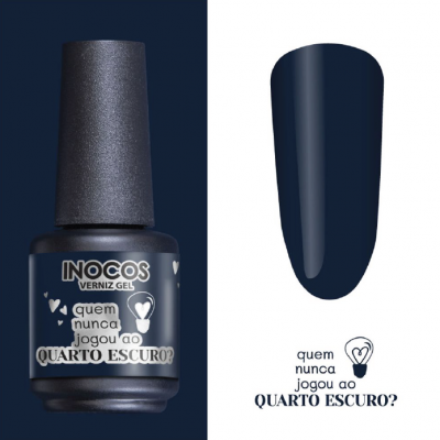 Verniz gel azul muito escuro INOCOS com texto promocional