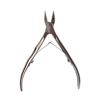 Alicate de corte metálico prateado com mola em fundo branco