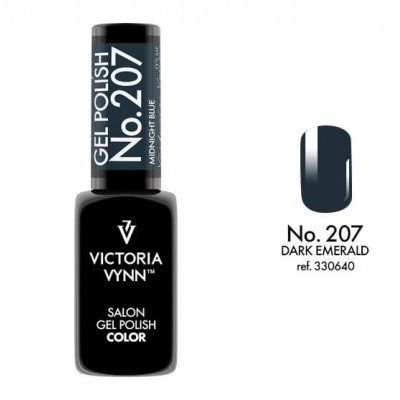 Frasco de verniz gel para unhas Victoria Vynn No. 207 cor Dark Emerald com amostra da cor