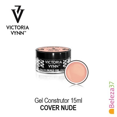 Gel construtor para unhas Victoria Vynn cor COVER NUDE em embalagem preta com padrões brancos