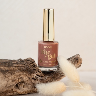 Verniz de unhas Inocos Like Gel castanho com tampa dourada sobre madeira com flores secas.