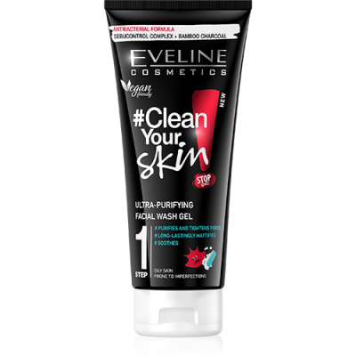 Gel de limpeza facial preto da Eveline Cosmetics com tampo branco e texto colorido