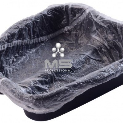 Caixa plástica preta retangular com saco plástico transparente e logotipo MS PROFESSIONAL