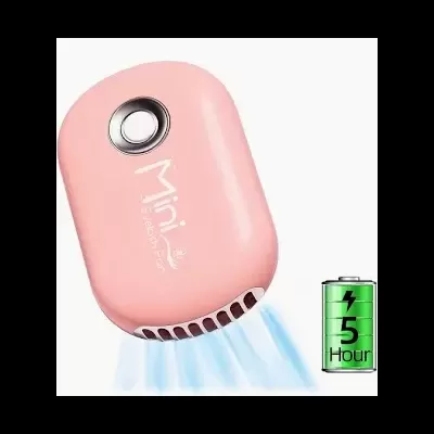 Mini ar condicionado portátil cor-de-rosa com texto Mini Portable fan e ícone de bateria