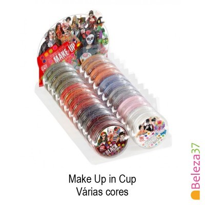 Expositor com copos de maquilhagem colorida e cartaz decorativo
