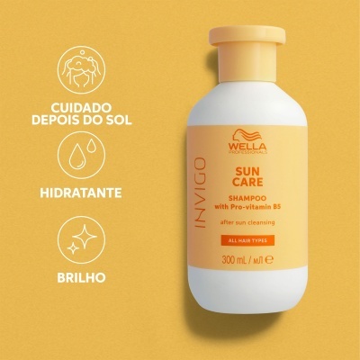 Frasco de champô Wella Sun Care com texto promocional em fundo amarelo