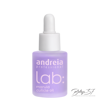 Frasco lilás fosco com conta-gotas branco e texto de óleo para cutículas Andreia Professional