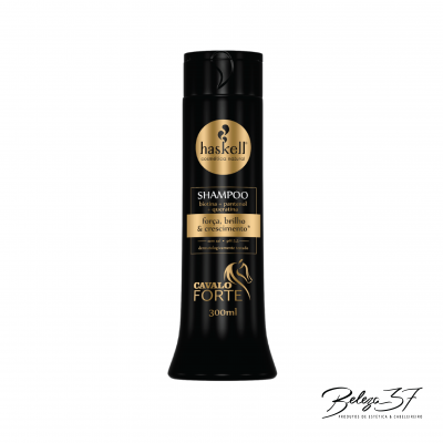 Frasco preto de shampoo Haskell Cavalo Forte 300ml com texto dourado e preto