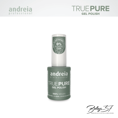 Frasco de verniz gel verde da andreia professional TRUE PURE com tampa branca e texto informativo.