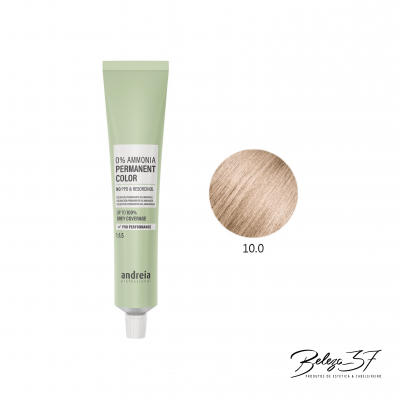 Tubo verde claro de tintura para cabelo Andreia Professional com texto e amostra de cor 10.0