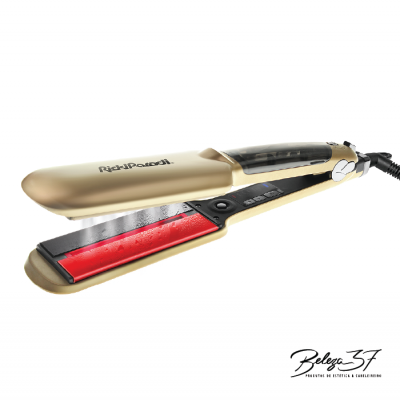 Prancha de alisar cabelo dourada com placas vermelhas