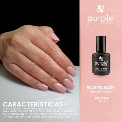 Frasco de verniz gel preto Purple Elastic Base Shimmer Peach com mão com unhas pintadas de rosa claro