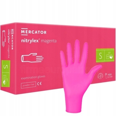 Caixa rosa de luvas nitrile magenta Mercator com uma luva magenta em destaque