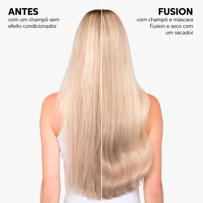Comparação de cabelo loiro antes e depois de usar champô e máscara Fusion