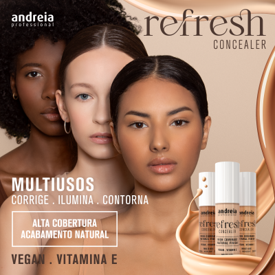 Anúncio do corretor líquido Andreia Refresh Concealer com três mulheres de tons diferentes e frascos do produto