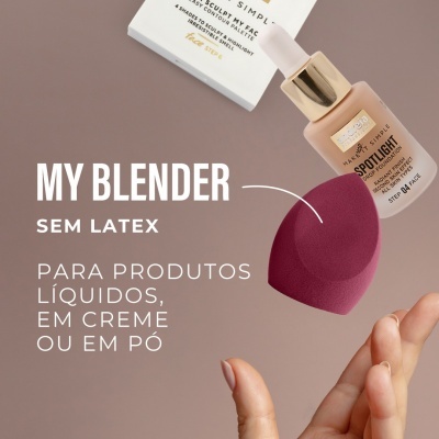 Esponja de maquilhagem bordô e base líquida Max & More com texto descritivo