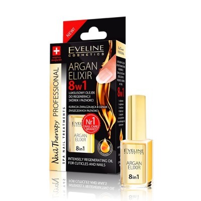 Óleo regenerador Argan Elixir 8 em 1 Eveline Cosmetics com embalagem preta e frasco de vidro