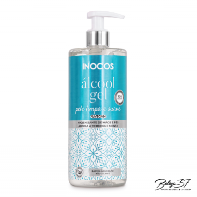 Frasco de álcool gel INOCOS com tampa de bomba e rótulo azul e branco