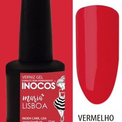 Frasco de verniz gel Inocos Maria Lisboa vermelho Fado e amostra da cor vermelha