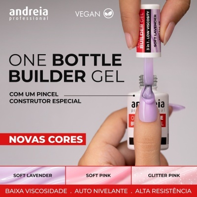 Frasco de gel construtor de unhas lavanda suave Andreia Professional com pincel a aplicar o produto numa unha