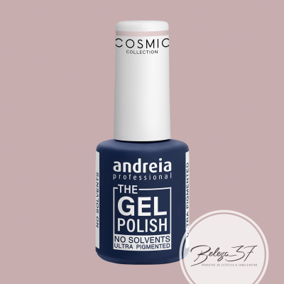 Frasco de verniz gel Andreia Professional azul escuro com tampa branca sobre fundo rosa claro