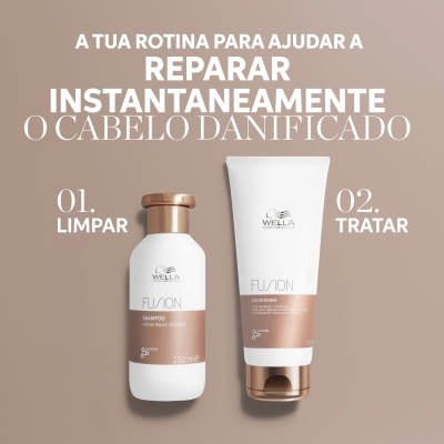 Duas embalagens de produtos para cabelo Wella Fusion contra fundo bege