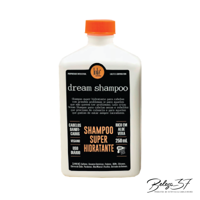 Frasco branco de shampoo com tampa laranja e etiqueta preta com texto branco e laranja