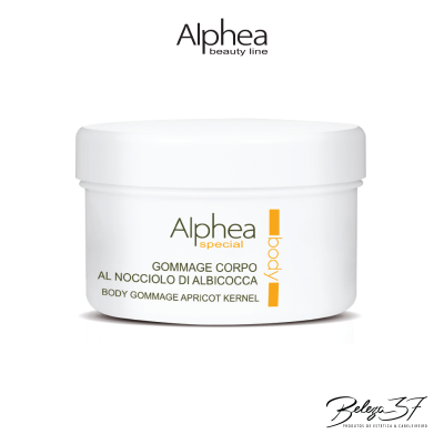 Creme exfoliante corpo Alpheia com texto em verde e amarelo em embalagem branca