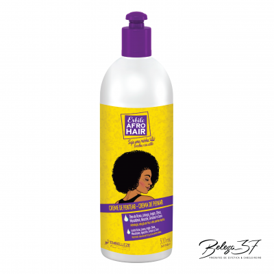 Frasco de creme de pentear Estilo Afro Hair com dosador roxo e rótulo amarelo