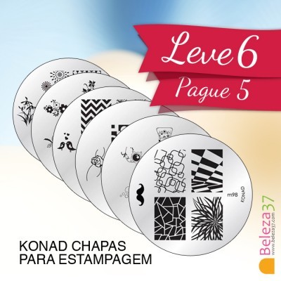 Conjunto de chapas metálicas para estampagem Konad com padrões variados e promoção Leve 6 Pague 5
