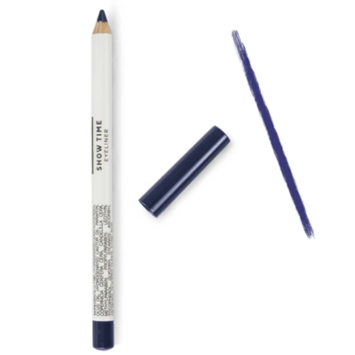 Lápis de olhos eyeliner branco com tampa azul escuro e traço de cor azul