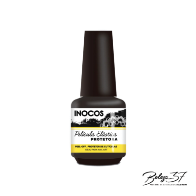 Frasco de verniz para unhas INOCOS com rótulo branco, amarelo e preto