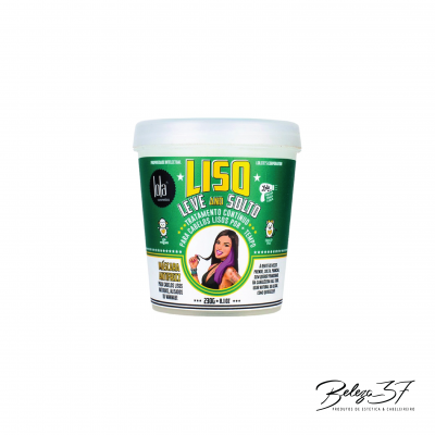 Creme tratamento capilar Lola Liso Leve e Solto para cabelos lisos, embalagem branca com tampa translúcida, rótulo verde e imagem de mulher